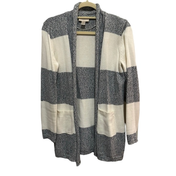 LOFT Sweaters - LOFT - Blue / White shawl collar Open Front Cardigan with Pockets - Size S